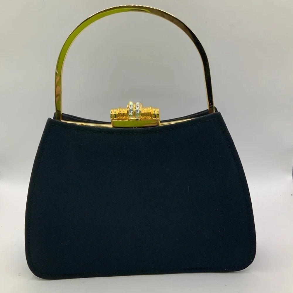 Y&S Vintage Elegant Black Satin Gold Accents Crystal Embellished Clasp Handbag